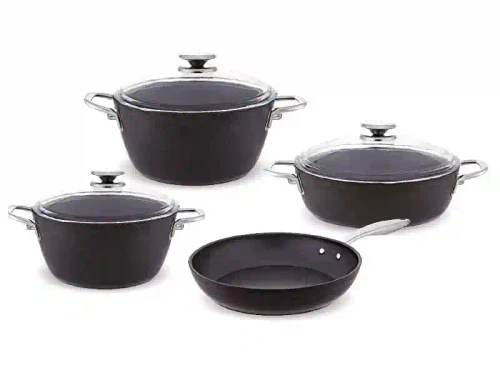 Set cu mâner BAGALIT 7buc, cratițe 20,24,26 cm, tigaie 26cm, granit Negru